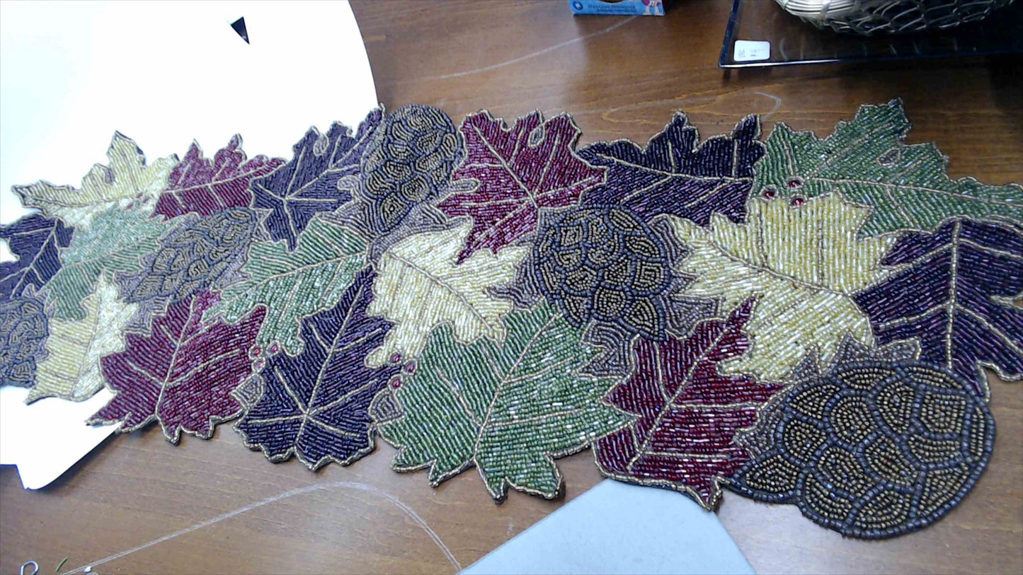 Beaded Autumn Leaves & Acorns Table Runner — Fall Harvest Décor, Glass Seed Bead, 36" x 13"