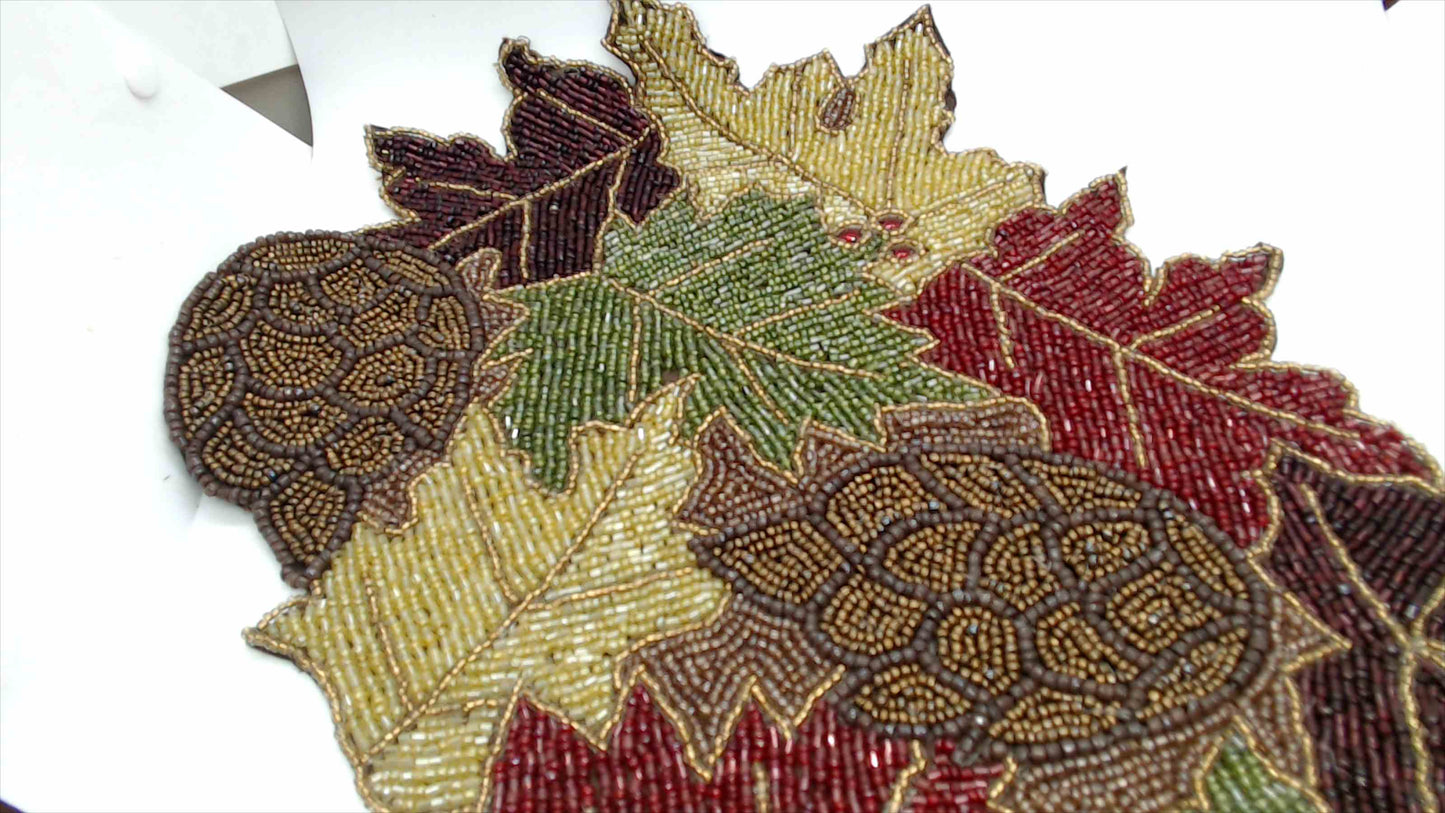 Beaded Autumn Leaves & Acorns Table Runner — Fall Harvest Décor, Glass Seed Bead, 36" x 13"