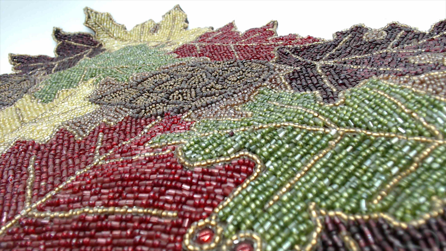 Beaded Autumn Leaves & Acorns Table Runner — Fall Harvest Décor, Glass Seed Bead, 36" x 13"