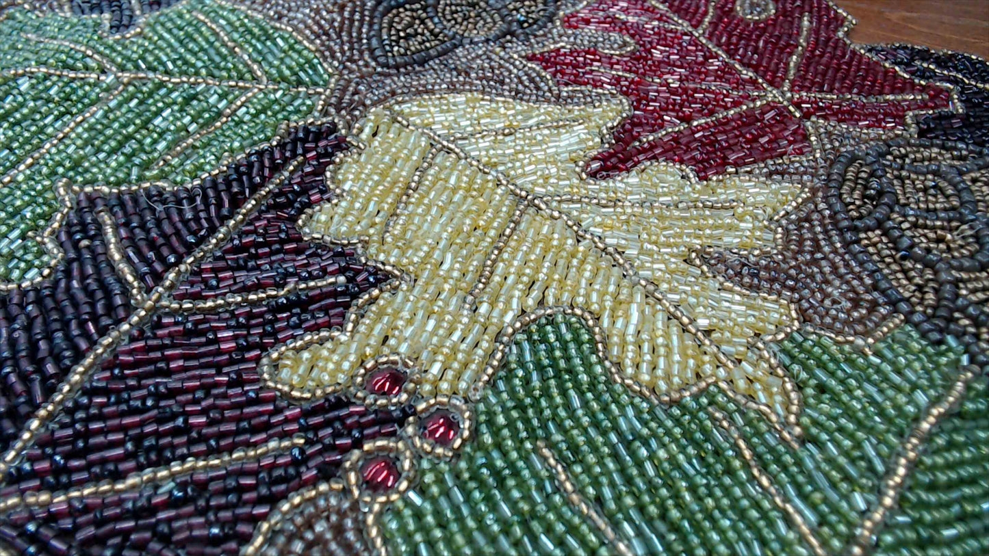 Beaded Autumn Leaves & Acorns Table Runner — Fall Harvest Décor, Glass Seed Bead, 36" x 13"