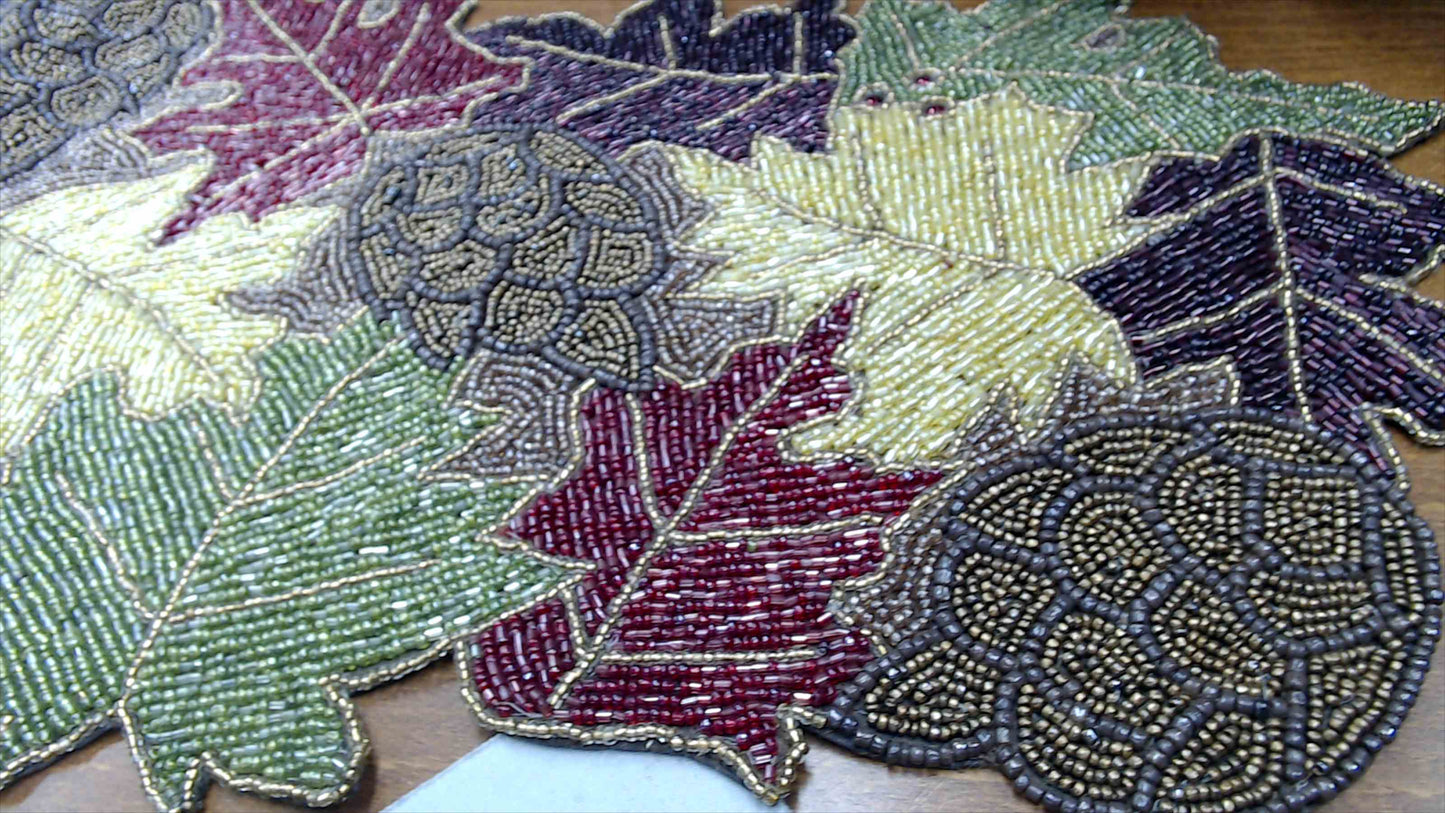 Beaded Autumn Leaves & Acorns Table Runner — Fall Harvest Décor, Glass Seed Bead, 36" x 13"