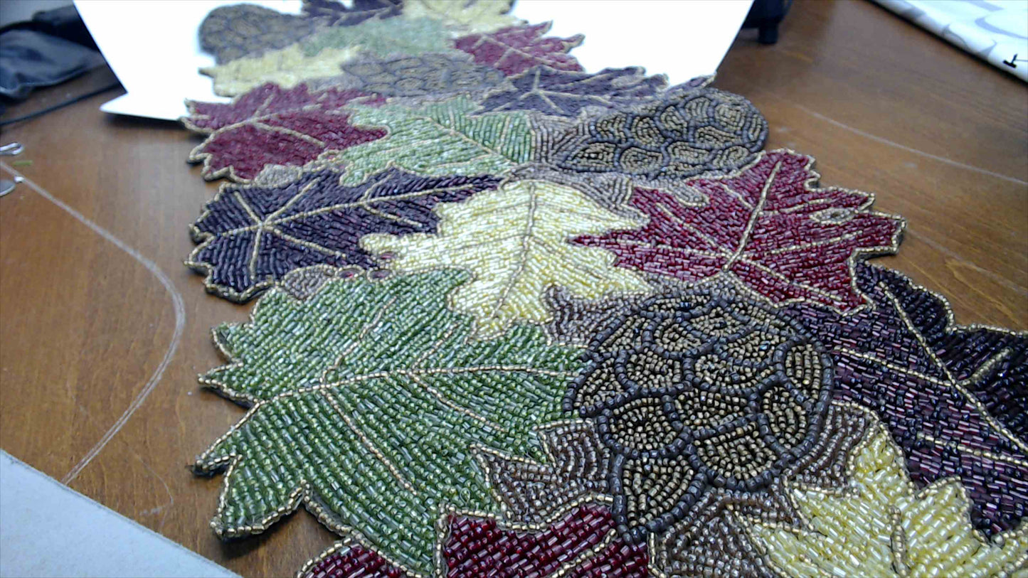 Beaded Autumn Leaves & Acorns Table Runner — Fall Harvest Décor, Glass Seed Bead, 36" x 13"