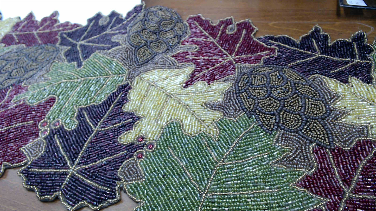 Beaded Autumn Leaves & Acorns Table Runner — Fall Harvest Décor, Glass Seed Bead, 36" x 13"