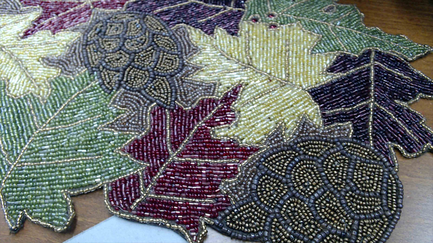 Beaded Autumn Leaves & Acorns Table Runner — Fall Harvest Décor, Glass Seed Bead, 36" x 13"