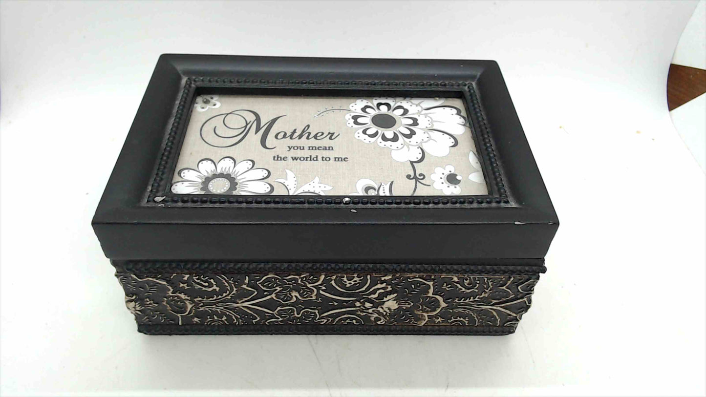 "Mother You Mean the World to Me" Musical Jewelry Box — Black Floral Embossed, Wind-Up Music, 6" x 4"