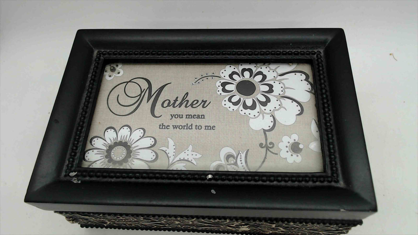 "Mother You Mean the World to Me" Musical Jewelry Box — Black Floral Embossed, Wind-Up Music, 6" x 4"