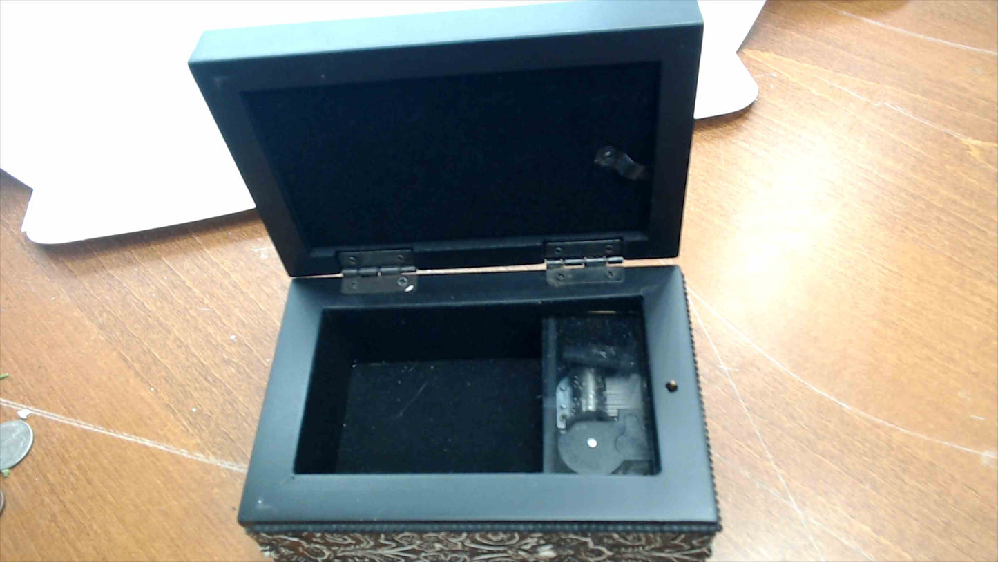 "Mother You Mean the World to Me" Musical Jewelry Box — Black Floral Embossed, Wind-Up Music, 6" x 4"