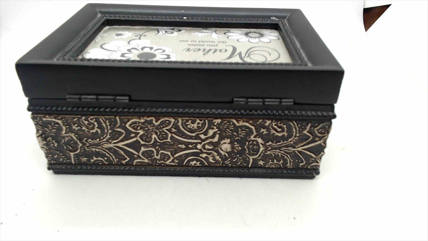 "Mother You Mean the World to Me" Musical Jewelry Box — Black Floral Embossed, Wind-Up Music, 6" x 4"