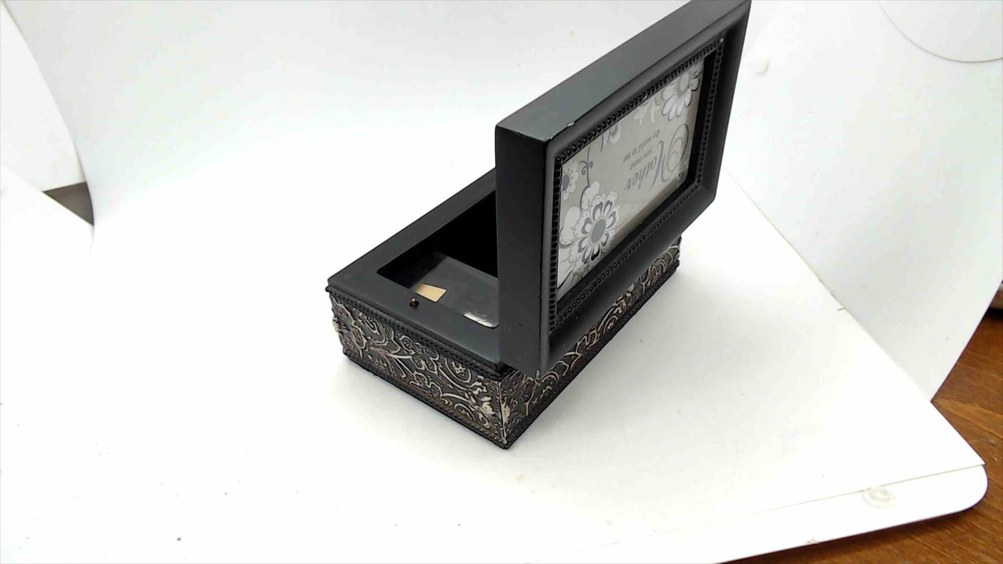 "Mother You Mean the World to Me" Musical Jewelry Box — Black Floral Embossed, Wind-Up Music, 6" x 4"