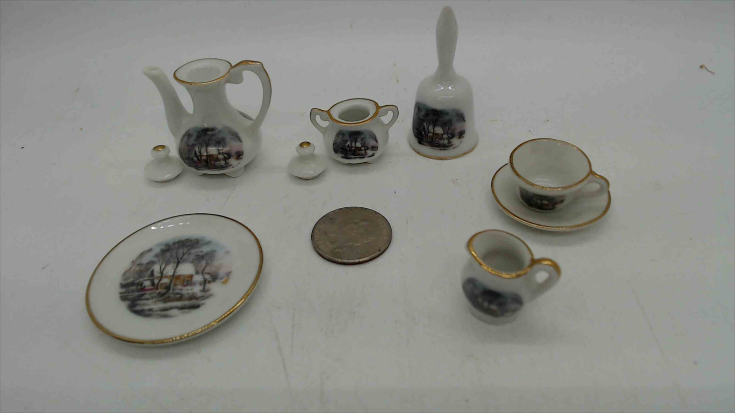 Avon "Small Treasures" Miniature Currier & Ives "The Homestead in Winter" Porcelain Tea Set — 7-Piece, Gold Trim, Made in Japan