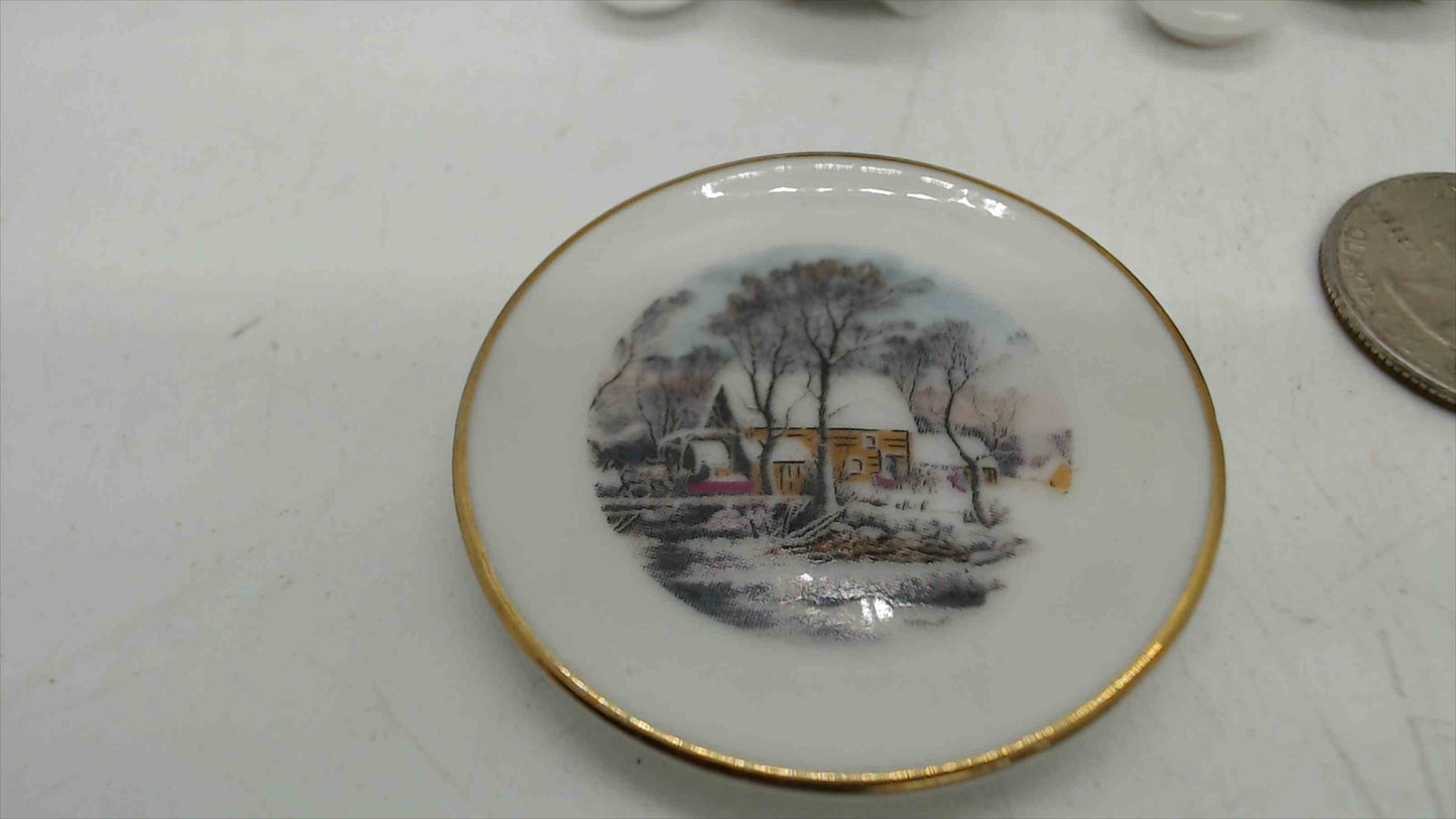 Avon "Small Treasures" Miniature Currier & Ives "The Homestead in Winter" Porcelain Tea Set — 7-Piece, Gold Trim, Made in Japan