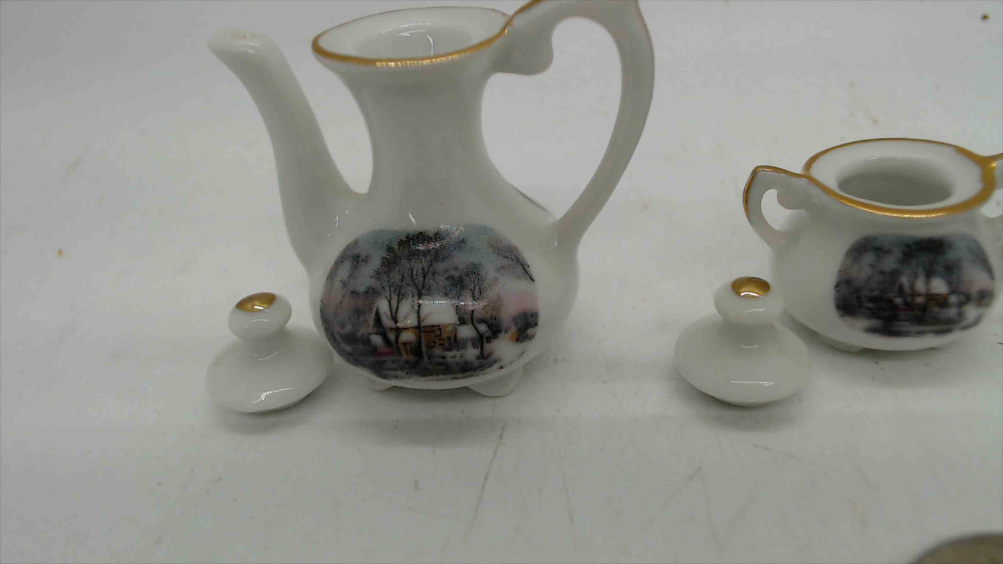 Avon "Small Treasures" Miniature Currier & Ives "The Homestead in Winter" Porcelain Tea Set — 7-Piece, Gold Trim, Made in Japan