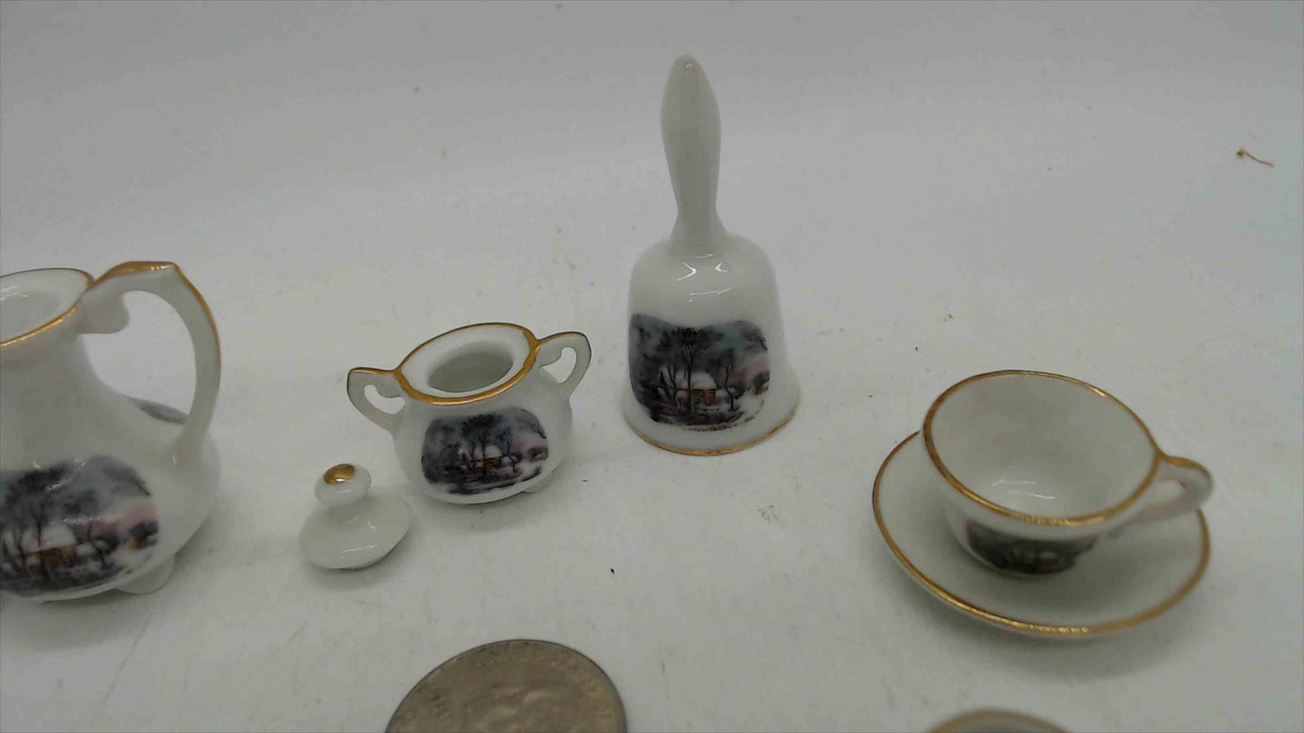 Avon "Small Treasures" Miniature Currier & Ives "The Homestead in Winter" Porcelain Tea Set — 7-Piece, Gold Trim, Made in Japan