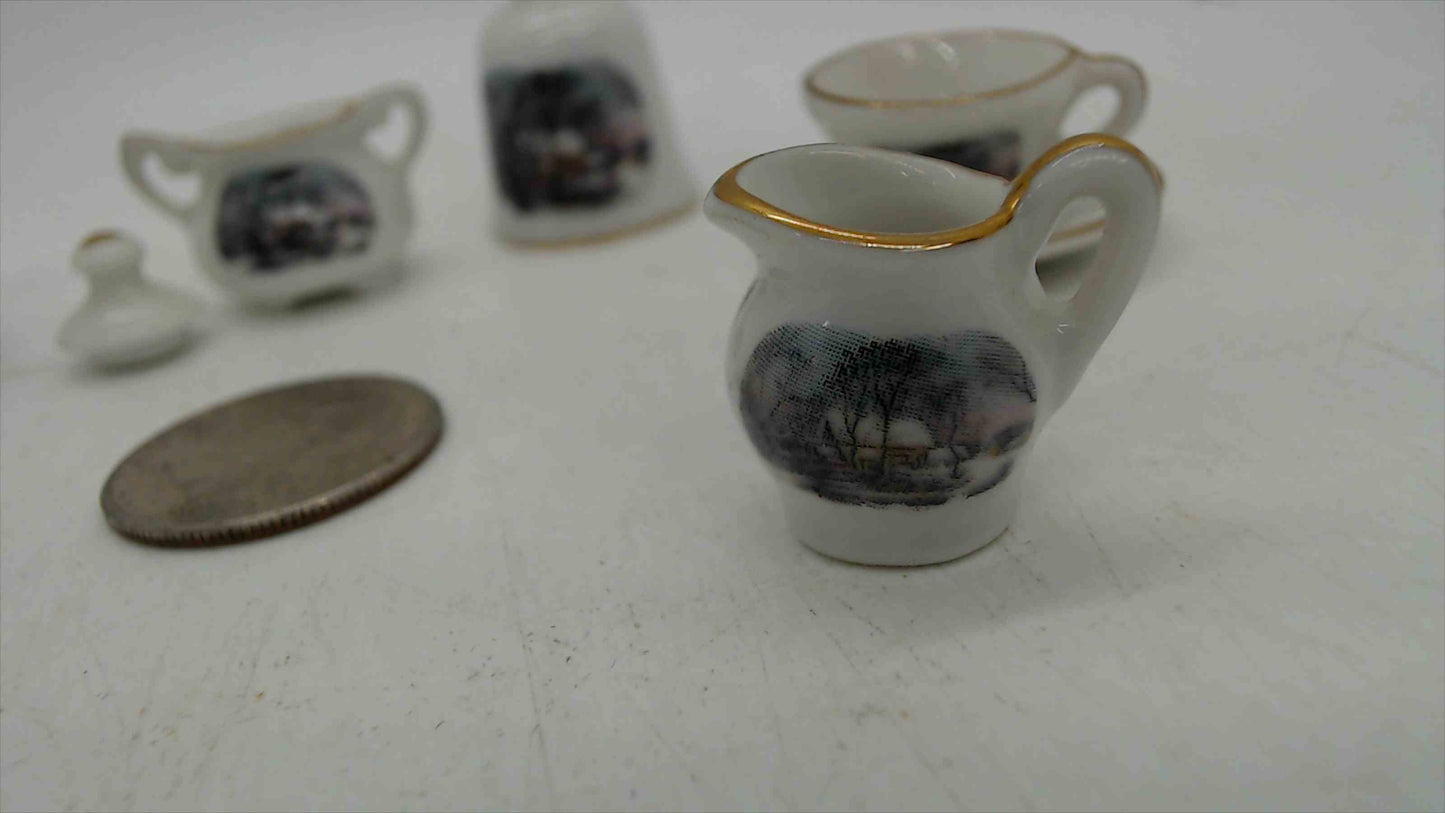 Avon "Small Treasures" Miniature Currier & Ives "The Homestead in Winter" Porcelain Tea Set — 7-Piece, Gold Trim, Made in Japan