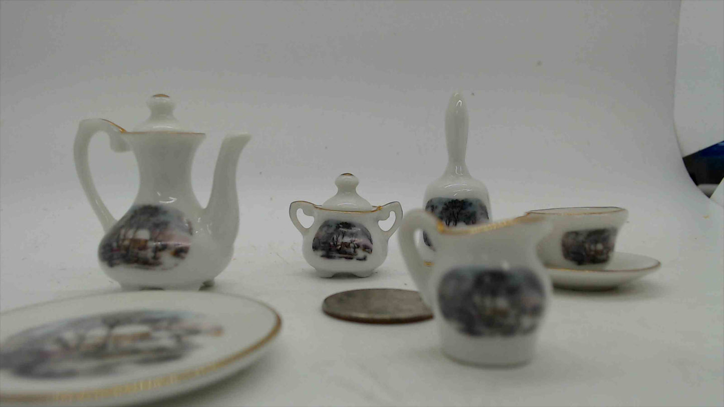 Avon "Small Treasures" Miniature Currier & Ives "The Homestead in Winter" Porcelain Tea Set — 7-Piece, Gold Trim, Made in Japan