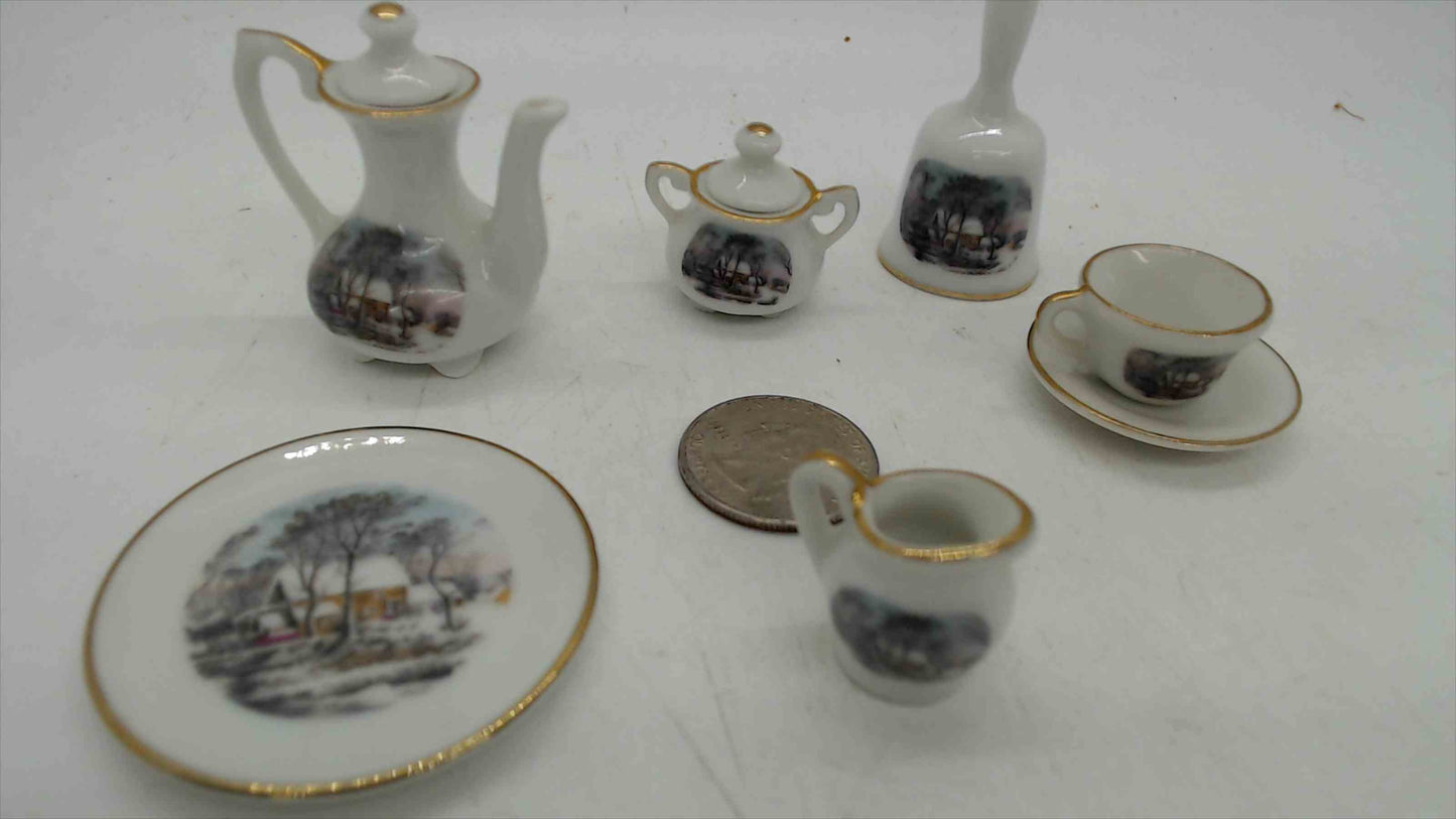 Avon "Small Treasures" Miniature Currier & Ives "The Homestead in Winter" Porcelain Tea Set — 7-Piece, Gold Trim, Made in Japan