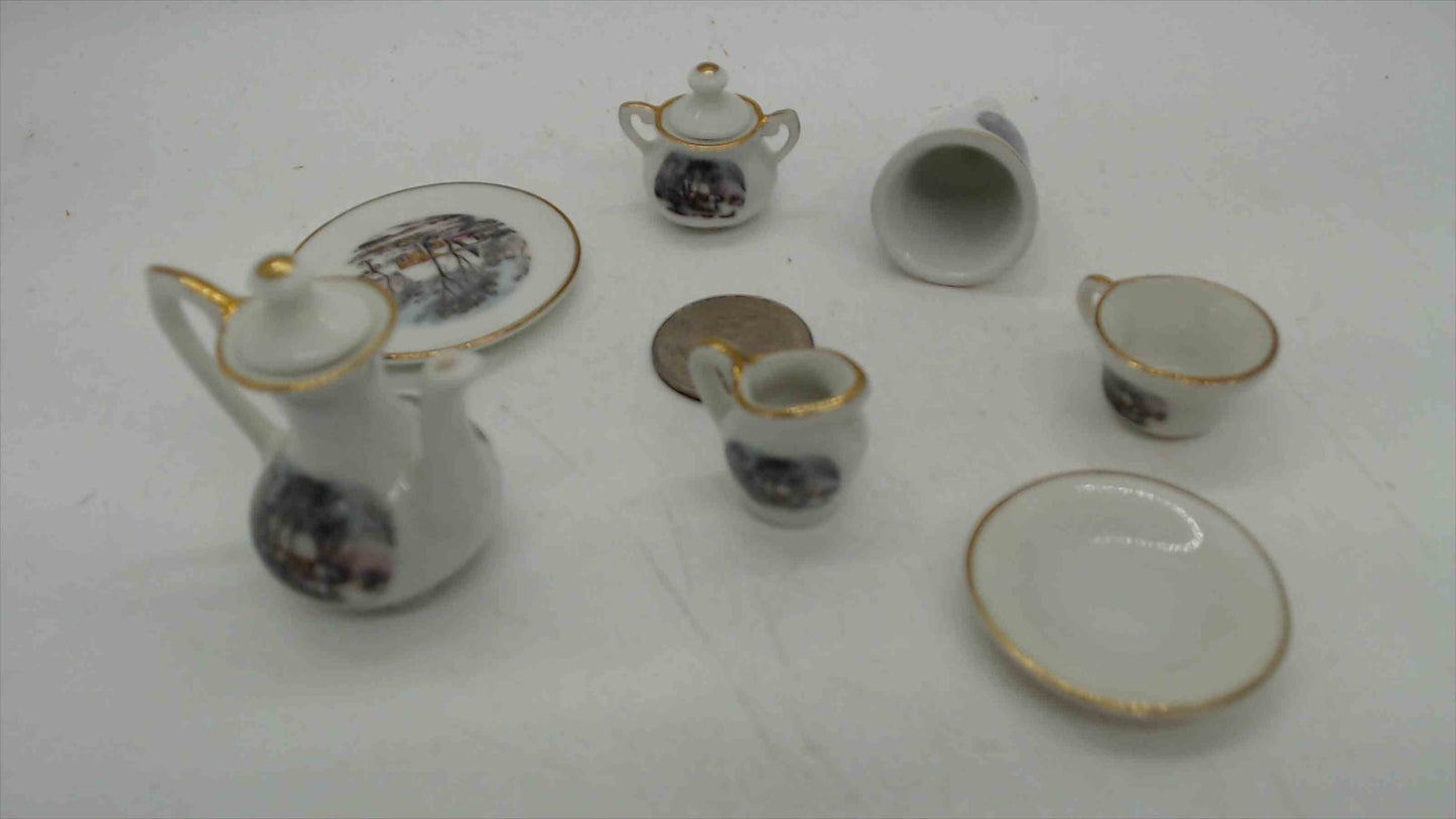 Avon "Small Treasures" Miniature Currier & Ives "The Homestead in Winter" Porcelain Tea Set — 7-Piece, Gold Trim, Made in Japan