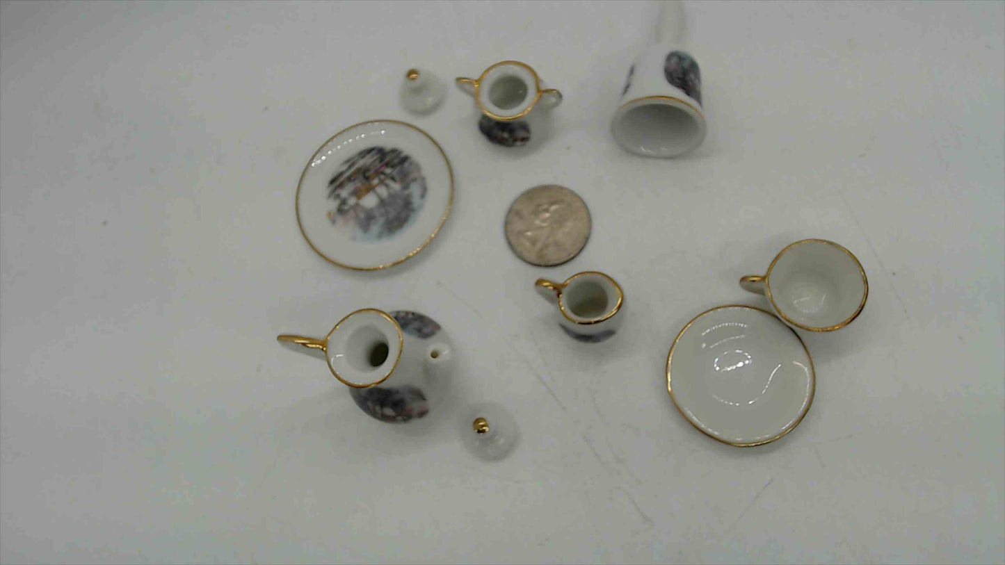 Avon "Small Treasures" Miniature Currier & Ives "The Homestead in Winter" Porcelain Tea Set — 7-Piece, Gold Trim, Made in Japan