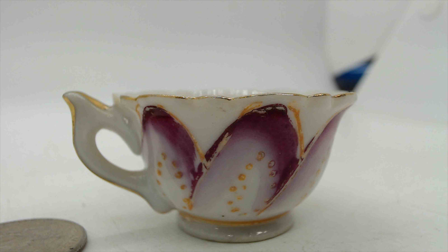 Vintage Miniature Mini Porcelain Teacup — Purple Tulip Petal Design, Gold Trim, Made in Japan, Dollhouse Scale