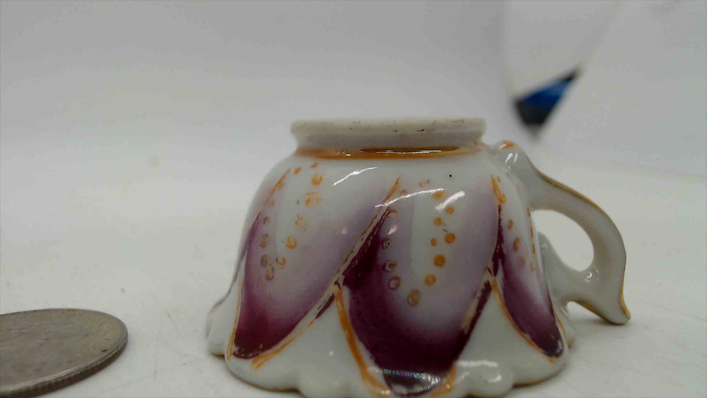Vintage Miniature Mini Porcelain Teacup — Purple Tulip Petal Design, Gold Trim, Made in Japan, Dollhouse Scale