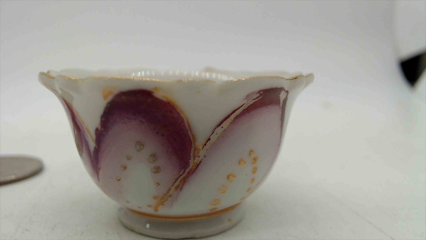 Vintage Miniature Mini Porcelain Teacup — Purple Tulip Petal Design, Gold Trim, Made in Japan, Dollhouse Scale