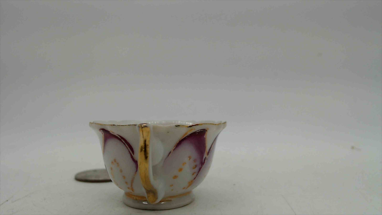 Vintage Miniature Mini Porcelain Teacup — Purple Tulip Petal Design, Gold Trim, Made in Japan, Dollhouse Scale