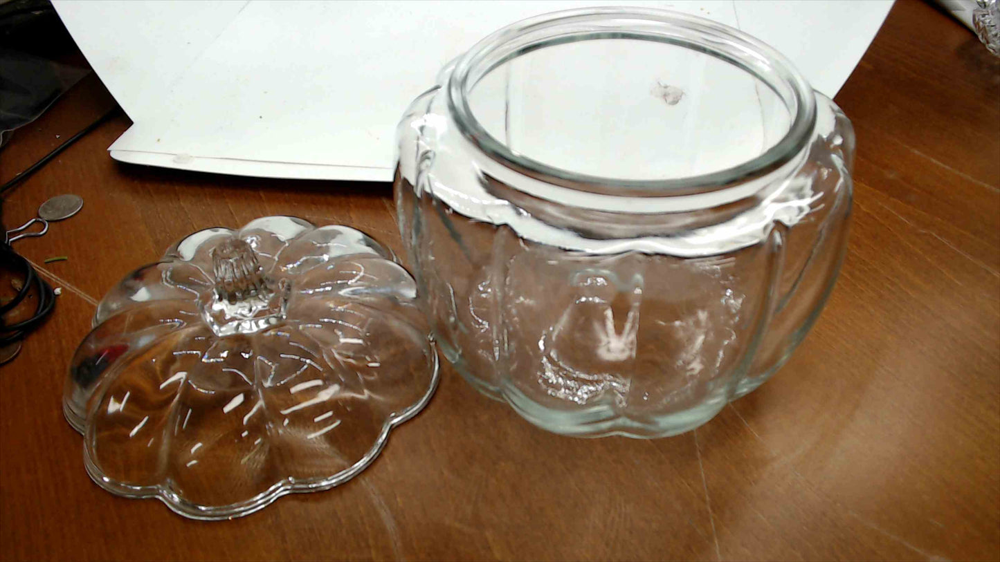 Vintage Clear Glass Pumpkin Candy Jar with Lid – Ribbed Body, Embossed Floral Lid