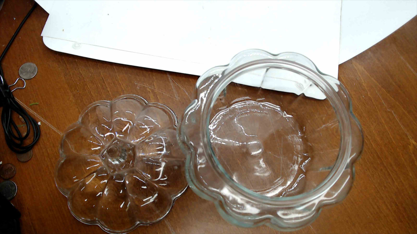 Vintage Clear Glass Pumpkin Candy Jar with Lid – Ribbed Body, Embossed Floral Lid