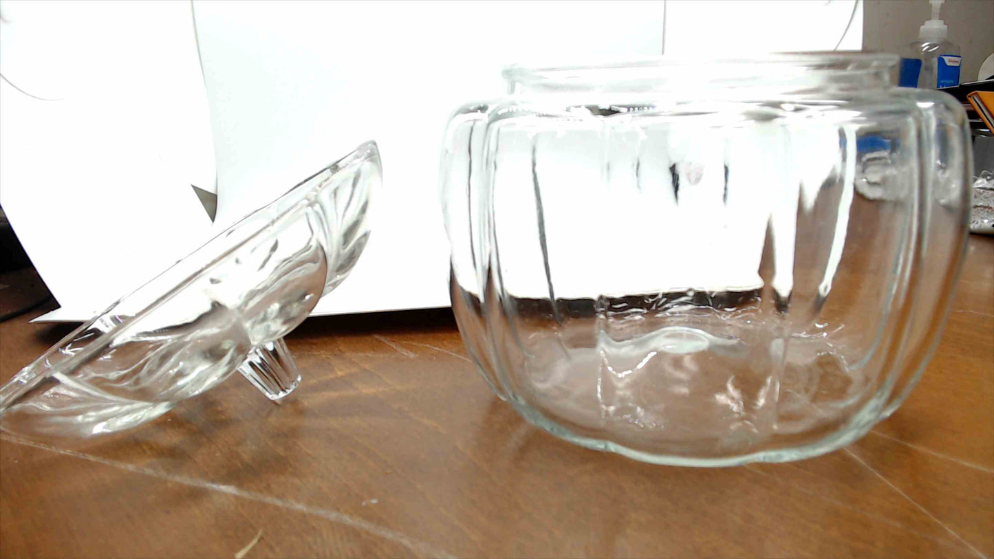 Vintage Clear Glass Pumpkin Candy Jar with Lid – Ribbed Body, Embossed Floral Lid
