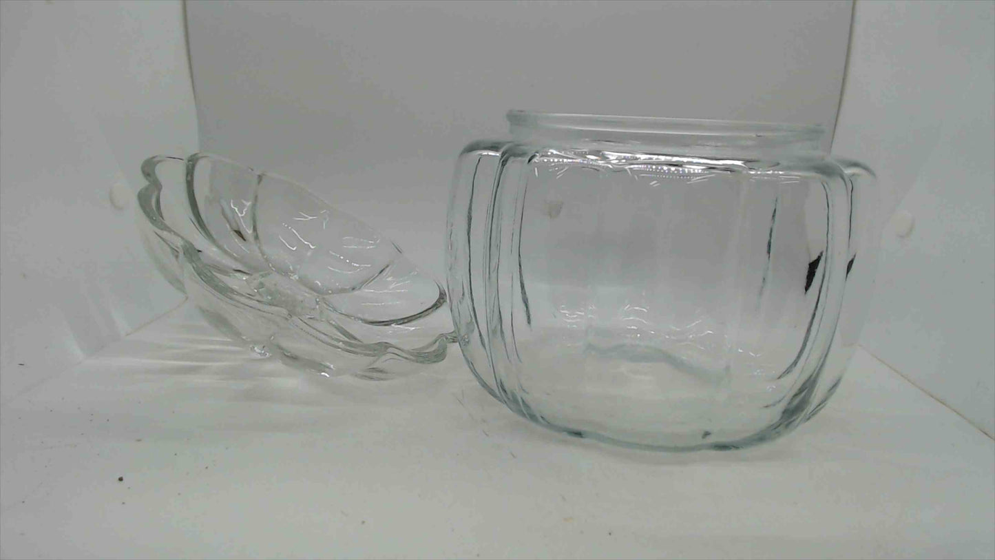 Vintage Clear Glass Pumpkin Candy Jar with Lid – Ribbed Body, Embossed Floral Lid