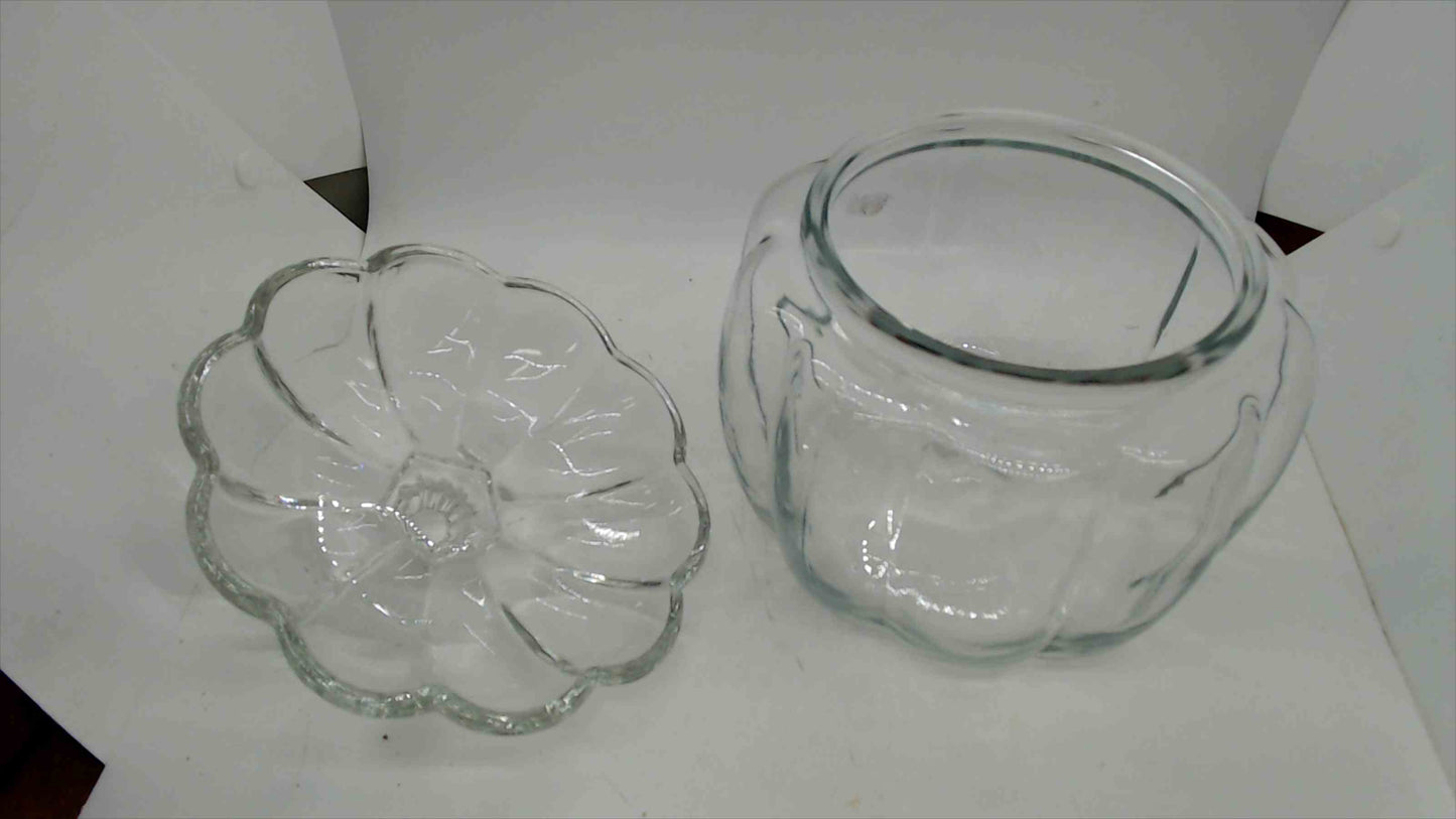 Vintage Clear Glass Pumpkin Candy Jar with Lid – Ribbed Body, Embossed Floral Lid