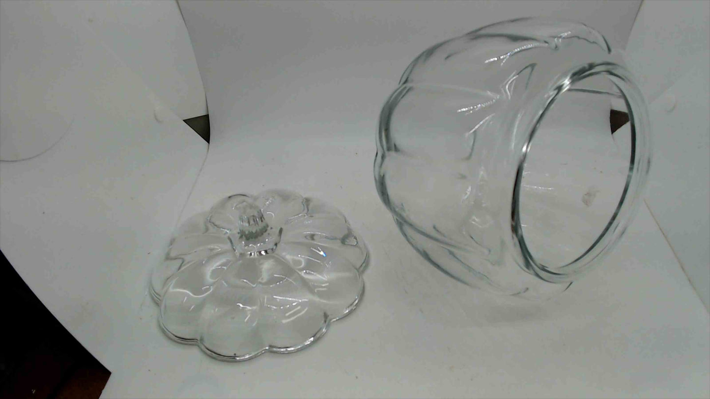 Vintage Clear Glass Pumpkin Candy Jar with Lid – Ribbed Body, Embossed Floral Lid