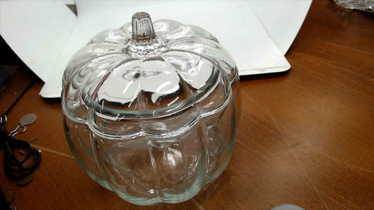 Vintage Clear Glass Pumpkin Candy Jar with Lid – Ribbed Body, Embossed Floral Lid