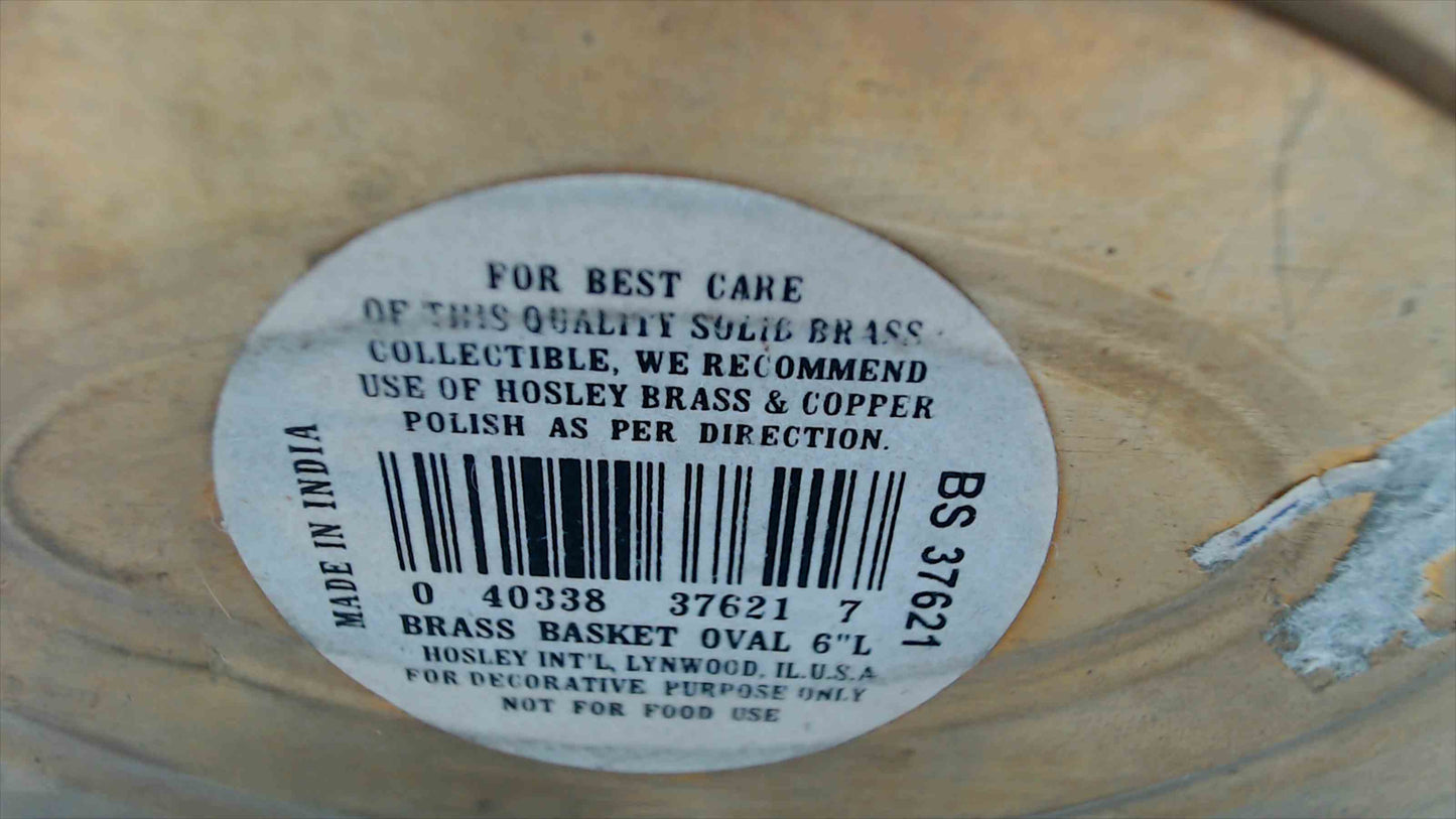 Hosley Solid Brass Oval Basket with Handle – 6" Decorative Collectible, Made in India