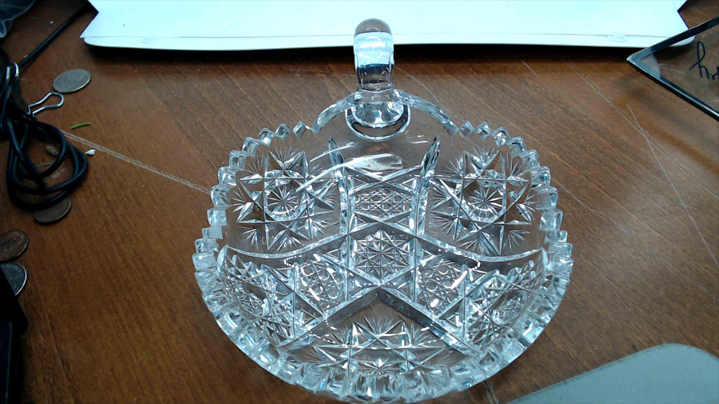 American Brilliant Period Cut Glass Nappy with Handle – Star & Hobstar Pattern, 6" Diameter