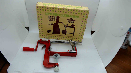 Vintage Bandwagon Deluxe Apple Parer, Slicer & Corer — Red Cast Aluminum, Original Box