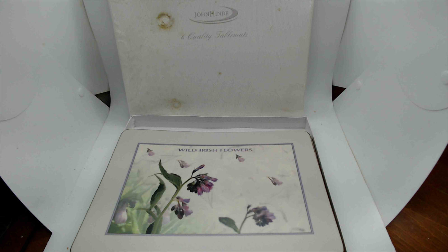 John Hinde "Wild Irish Flowers" Cork-Backed Placemats — Set of 6, Original Box, Made in Ireland