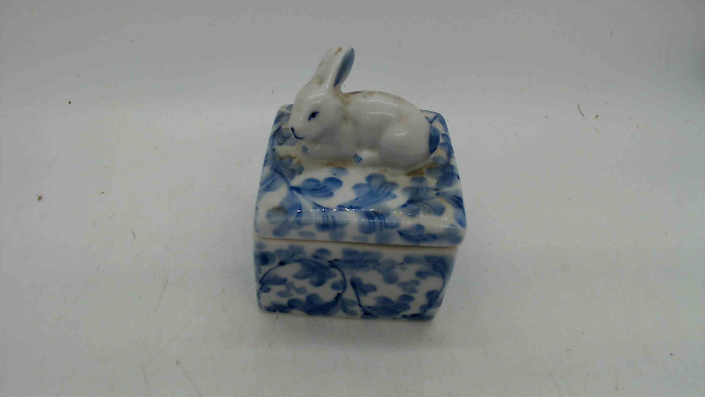 Blue & White Spongeware Porcelain Trinket Box with Bunny Rabbit Lid — 2.25" × 3", Vintage