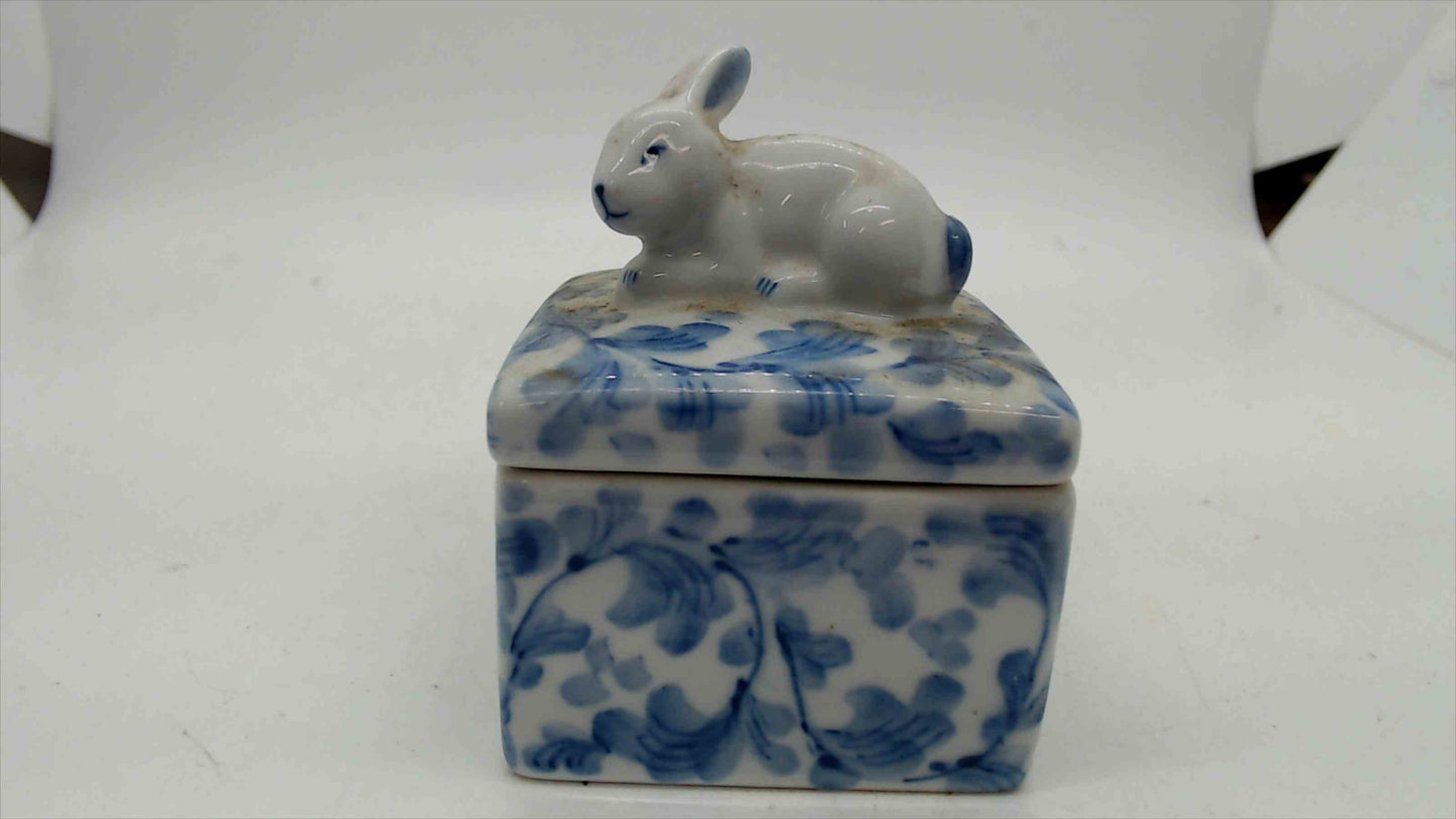 Blue & White Spongeware Porcelain Trinket Box with Bunny Rabbit Lid — 2.25" × 3", Vintage