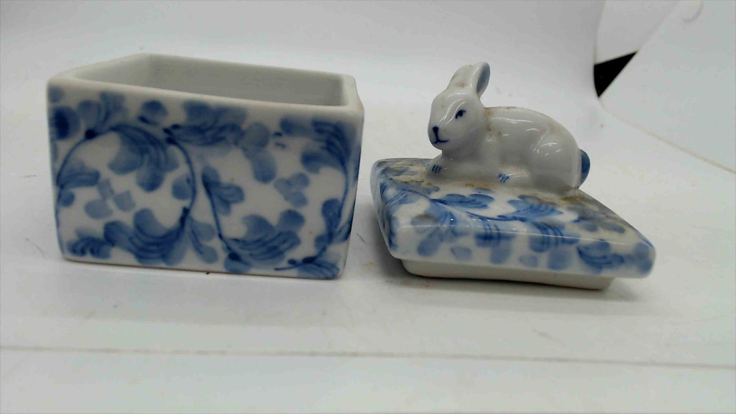 Blue & White Spongeware Porcelain Trinket Box with Bunny Rabbit Lid — 2.25" × 3", Vintage