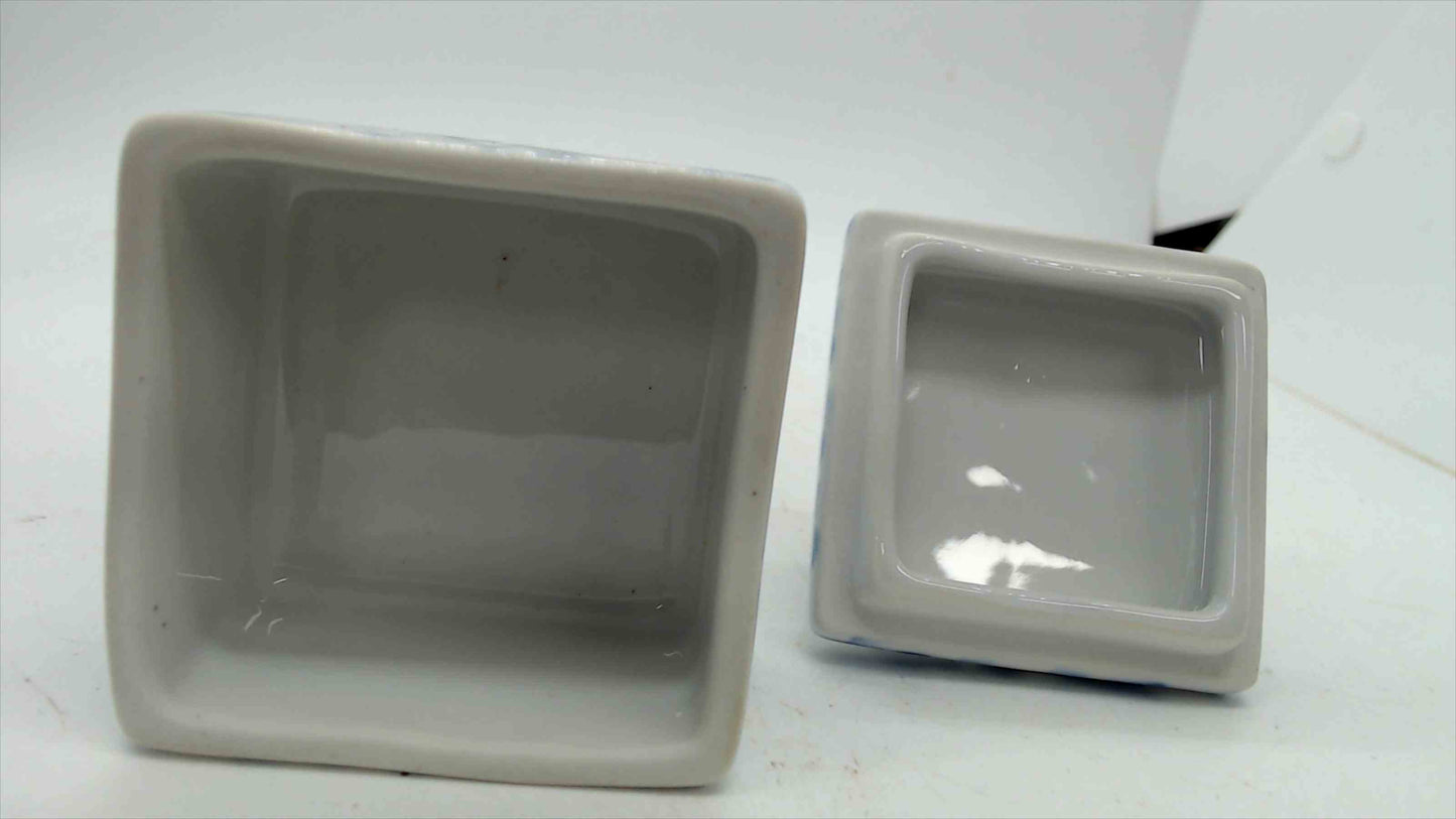 Blue & White Spongeware Porcelain Trinket Box with Bunny Rabbit Lid — 2.25" × 3", Vintage