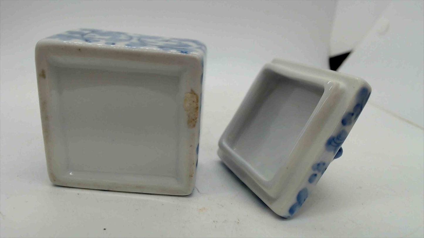 Blue & White Spongeware Porcelain Trinket Box with Bunny Rabbit Lid — 2.25" × 3", Vintage