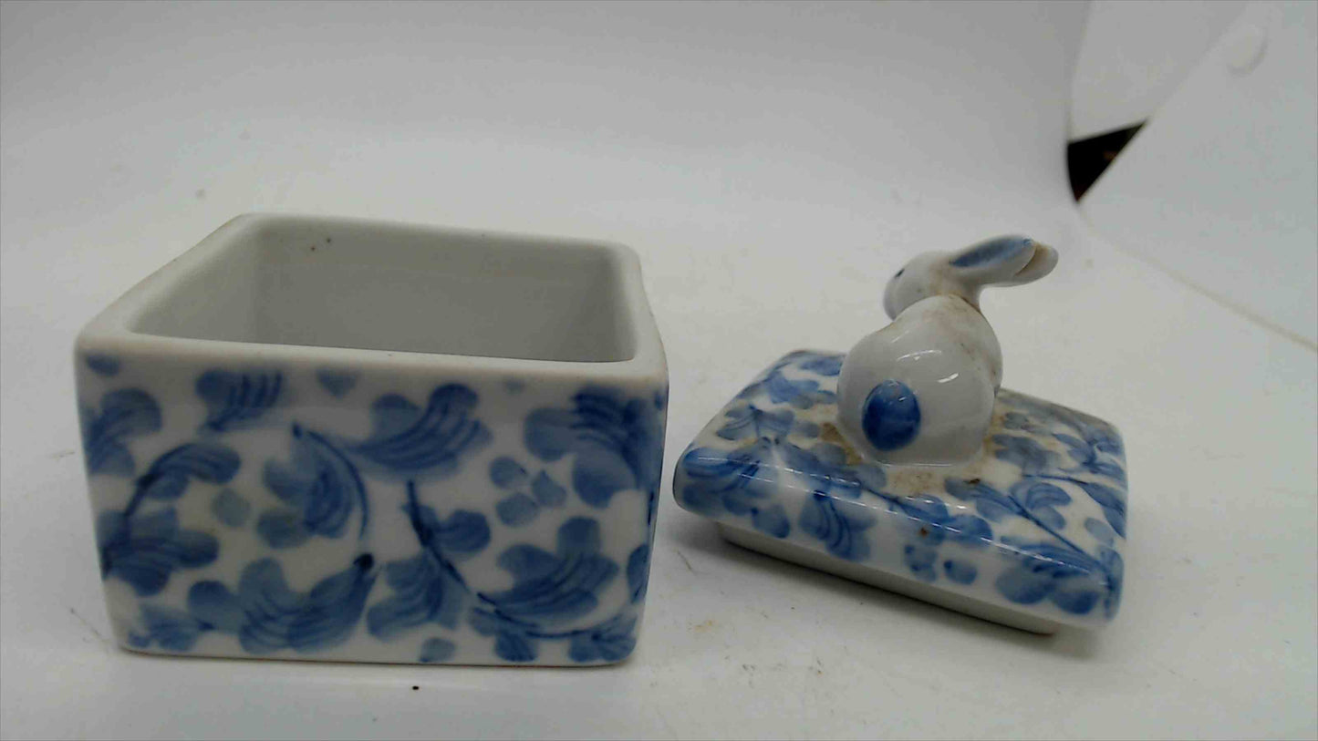 Blue & White Spongeware Porcelain Trinket Box with Bunny Rabbit Lid — 2.25" × 3", Vintage