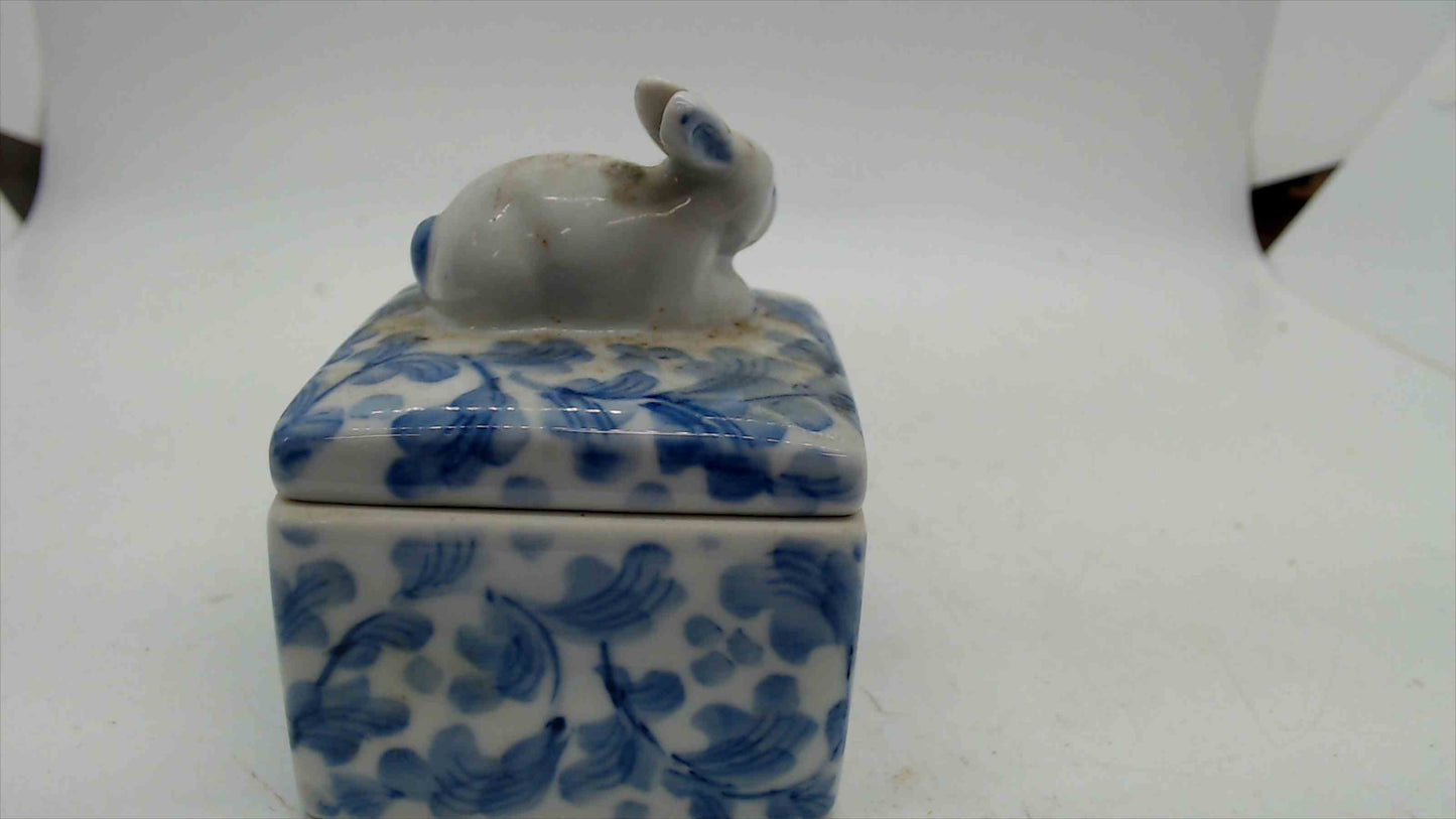 Blue & White Spongeware Porcelain Trinket Box with Bunny Rabbit Lid — 2.25" × 3", Vintage