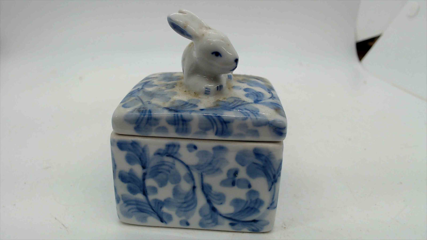 Blue & White Spongeware Porcelain Trinket Box with Bunny Rabbit Lid — 2.25" × 3", Vintage