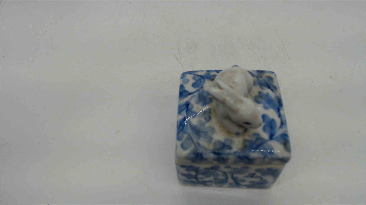 Blue & White Spongeware Porcelain Trinket Box with Bunny Rabbit Lid — 2.25" × 3", Vintage