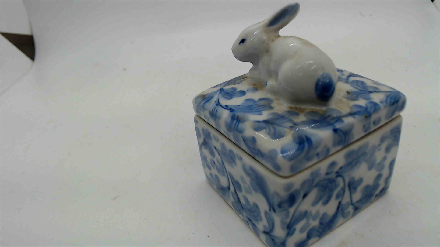 Blue & White Spongeware Porcelain Trinket Box with Bunny Rabbit Lid — 2.25" × 3", Vintage