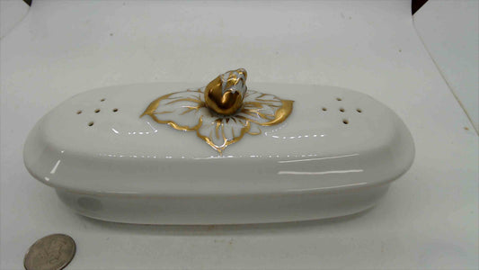 French Antique Porcelain Toothbrush Vanity Box with Gold Floral Lid — As-Is