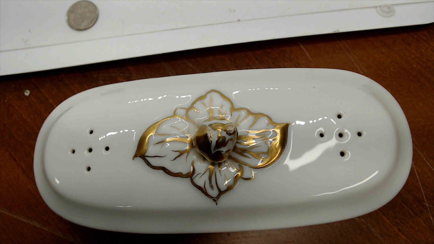 French Antique Porcelain Toothbrush Vanity Box with Gold Floral Lid — As-Is