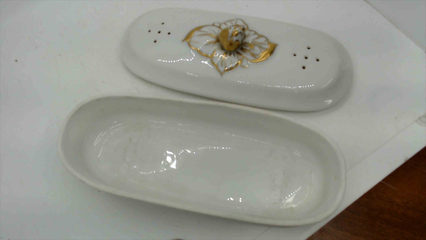 French Antique Porcelain Toothbrush Vanity Box with Gold Floral Lid — As-Is